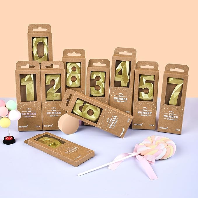 PHD CAKE 2.76 Inch Crystal Gold 0 Number Birthday Candles, Gold Number Candles, Cake Number Candles, Party Celebration