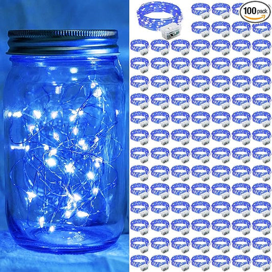 100 Pack Blue Fairy Lights 7Ft 20 LED Twinkle String Lights 3 Modes Battery Operated Waterproof Firefly Starry for Mason Jar Wedding Party 4th of July Christmas Day Table Centerpieces