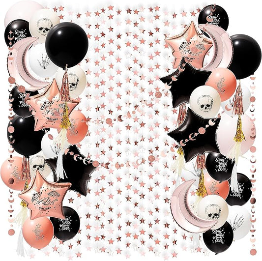 Cheerland Boho Party Decorations Rose Gold Black Balloon Kit Bohemian Birthday Decorations Cresent Moon Garlands Boho Theme Party Backdrop Halloween Party Decor