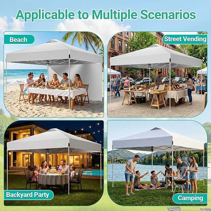 10X10FT White Pop Up Canopy Tent with 1 Sidewalls & Roller Carrybag, Outdoor Adjustable Height Instant Shelter Gazebo with Sturdy Ground Spikes & Sandbags for Camping, Patio, Backyard, Event
