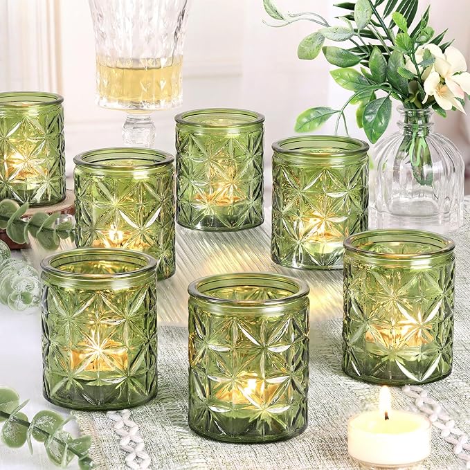 Green Votive Candle Holders Set of 12-Vintage Green Candle Holder for Wedding,Tea Light Candle Holders for Home Table Centerpieces Decor,Glass Candle Holder for Baby Shower & Bridal Shower