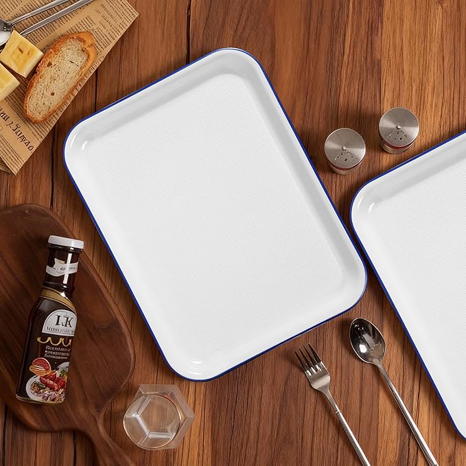 Two Tone Grilling Prep and Serve Trays, 14.5” x 11” Plastic Serving Trays for Party, 2pcs White Blue Unbreakable BBQ Platter for Raw and Cooked Food, Serve Appetizers, Fruit, Veggies & Desserts
