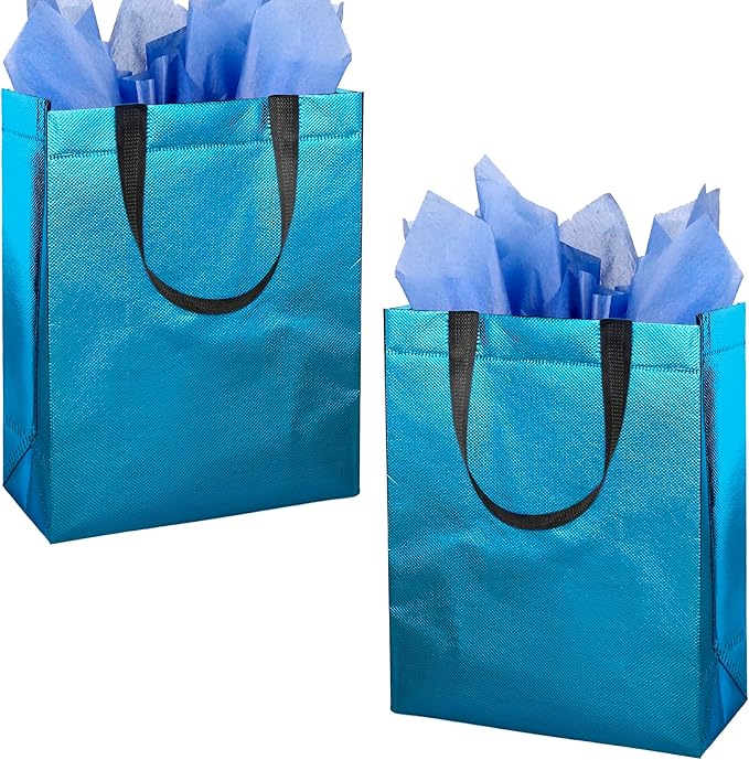 BLEWINDZ 18Pcs Sky Blue Bags with Tissues - Reusable 10.2" Medium Gift Bag With Glossy Finish - Perfect as Bridesmaids Gift Bags, Bachelorette Party Bag, Wedding, Birthday Party Favors