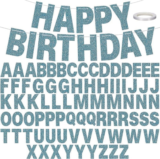 TaoBary 78 Pcs Make Your Own Banner Kits Large Size 6 Inch DIY Glitter Letter Pack Reuse Letters Banner Kit with White Ribbon for Birthday Wedding Shower Party Favor Wall Decor(Glitter Blue)