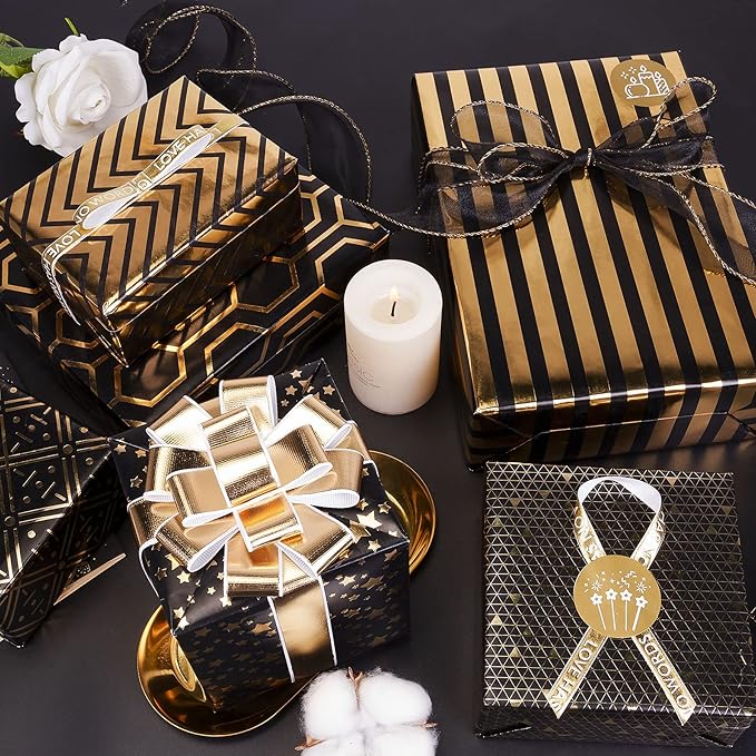 Larcenciel Gift Wrapping Paper Set, 6 Sheets Metallic Black Gold Foil Wrapping Paper w/Gift Bow & Sticker, Shiny Luxury Men Boys Gift Wraps for Birthday, Holiday, Graduation, Baby Shower, 27.5x19.6in