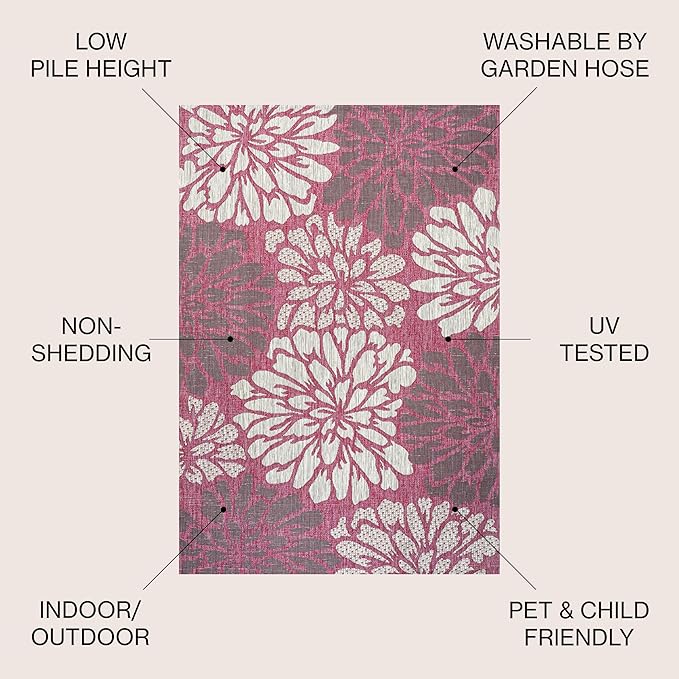JONATHAN Y Floral Textured Weave Indoor Outdoor Area Rug 8X10 Fuchsia/Light Gray, Zinnia Modern for Backyard, Patio, Porch, Easy-Cleaning, High Traffic, Pet-Friendly, Non-Shedding (SMB110F-8)