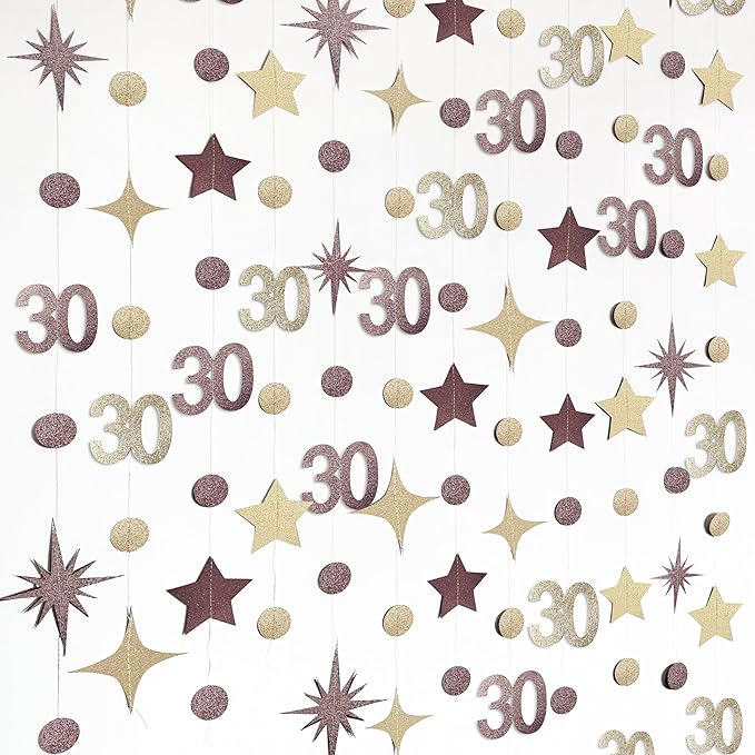 Champagne Gold Brown 30th Birthday Decorations Number 30 Circle Dot Star Garland Streamer Banner Backdrop for Women Men Dirty Thirty Cheers to 30 Years Old Birthday 30th Anniversary Party Supplies