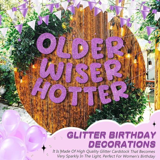 Fulmoon Set of 3 Pre Strung Older Wiser Hotter Glitter Banner Funny Birthday Banner for Women 30th 40th 50th 60th 70th 80th Birthday Party Decorations Sign Gift(Light Purple)