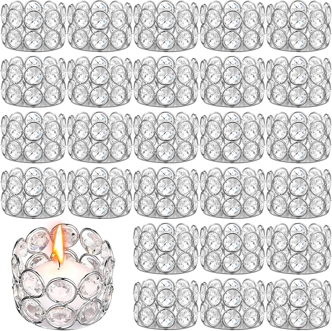 Potchen 30 Pieces Crystal Tealight Candle Holders Bulk, Votive Candle Holder Stands with Diamond Design for Table Centerpieces Wedding Party Home Decor and Holiday Favors (Silver)