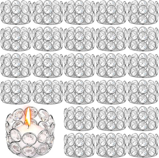 Potchen 30 Pieces Crystal Tealight Candle Holders Bulk, Votive Candle Holder Stands with Diamond Design for Table Centerpieces Wedding Party Home Decor and Holiday Favors (Silver)