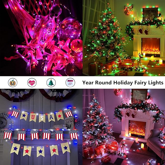 BrizLabs Fairy String Lights - 2 Pack 66ft 200 LED Color Changing Fairy Lights with Remote, Plugin Red White Blue Twinkle Light Rainbow Firefly Starry Light for Xmas Tree Halloween July 4th Easter