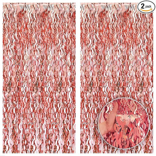 KatchOn XtraLarge Wavy Rose Gold Fringe Backdrop - 3.2x6.5 Feet Pack of 2 | Wine Bachelorette Party Decorations | Birthday Decorations for Women