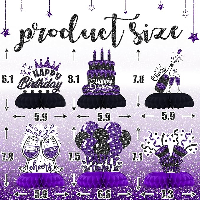 Black and Purple Birthday Decorations – 12PCS Honeycomb Table Centerpieces for Women Men Adults – Happy Birthday Table Decor Party Supplies