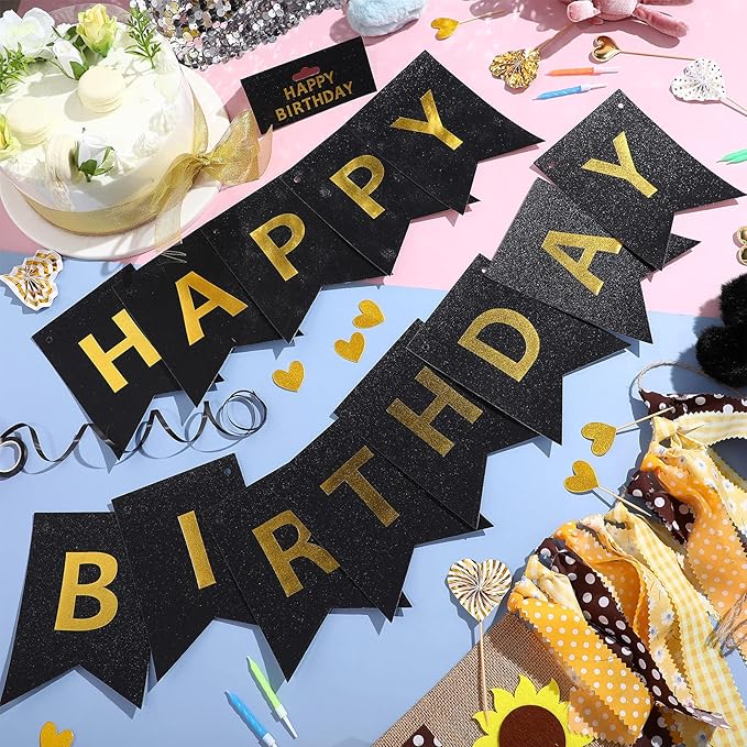 Clabby Glitter Black Happy Birthday Banner with Shiny Letters Happy Birthday Shiny Glitter Hanging Signs Bunting for Party Supplies Hanging Backdrop Decoration
