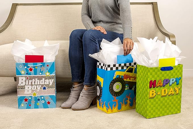 Hallmark 13" Large Birthday Gift Bag Bundle with Tissue Paper (Pack of 3: Monster Truck, Happy B-Day, Birthday Boy)
