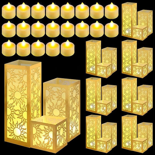 Rossesay 24 Pcs Princess Sun Centerpieces for Table Decorations 3 Size Purple Princess Birthday Paper Lantern Boxes with Tea Lights Candles Table Ideas Decorations for Sun Birthday Party