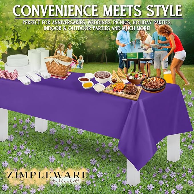 ZIMPLEWARE Premium Purple Plastic Table Cloth Disposable (12 Pk) Plastic Tablecloths for Rectangle Tables (54in x 108in) Party Table Cloths Disposable for 6ft to 8ft Rectangle Tables