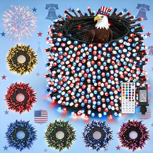Toodour 4th of July String Lights, 115ft 350 LED RGB Color Changing String Lights with Remote & Timer, Waterproof Red White and Blue Lights for Home Yard Holiday Tree Party Indoor Outdoor Decoration