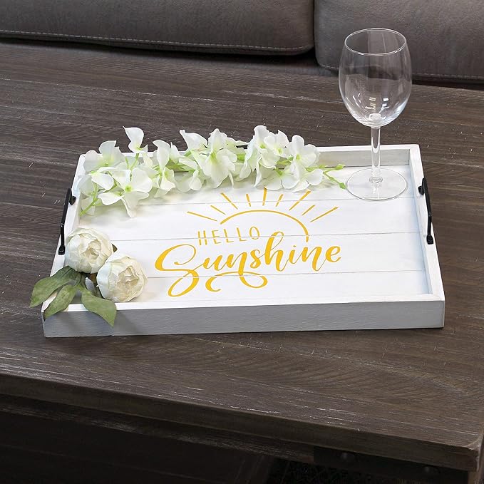 Elegant Designs HG2000-WHS Yellow Sun Decorative Wood Serving Tray w/Handles,15.50" x 12", White Wash Hello Sunshine
