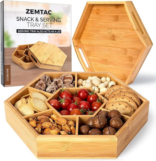 Snack and Serving Tray Set – 13" Divided Bamboo Appetizer Platter for Dry Fruit, Nuts, Cheese and Charcuterie (Bamboo, 13"x11")