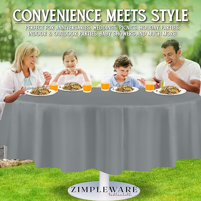 ZIMPLEWARE Premium Silver Plastic Table Cloth Disposable (12 Pack) Round Tablecloth (84in) Party Table Cloths Disposable, Perfect Table Cloth Round Cover for Any Table Up to 6 Feet