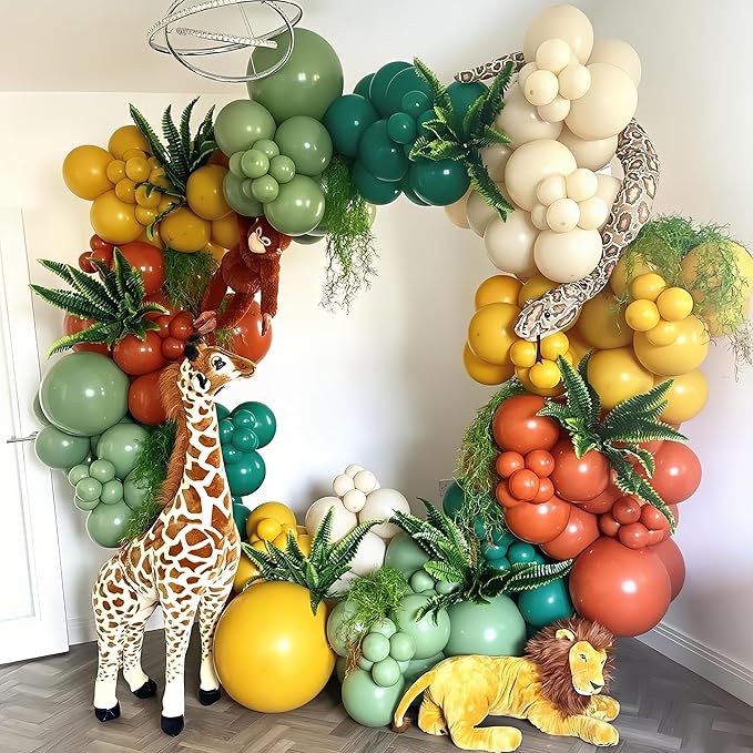 HILAVO Green and Brown Balloon Arch Kit Double Stuffed Teal Green Mustard Yellow Orange Brown Coffee Beige Retro Balloon for Wild Safari Jungle Hunting Birthday Baby Shower Party Decorations