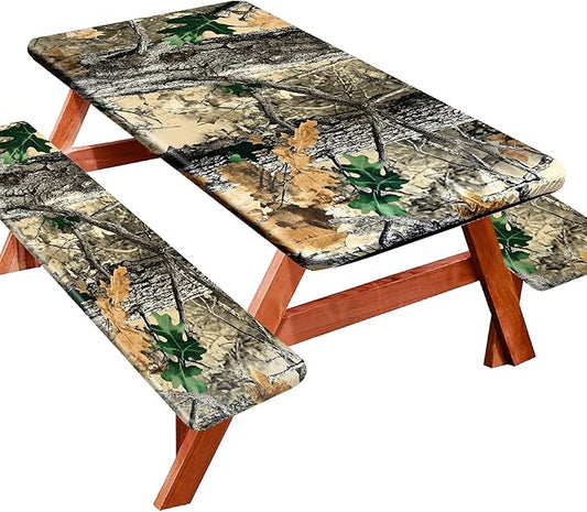 Picnic Table Cover with Bench Covers 72IN 6FT, Camping Essentials Tablecloth Waterproof Oilproof with elastic Edge for Indoor Outdoor Patio (Camouflage)