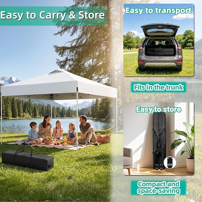 10 x 10FT White Pop Up Canopy Tent with Wheeled Carry Bag, Sandbags, Easy Setup Outdoor Portable Gazebos Shelter Sun Shade for Events, Party, BBQ, Backyard, Adjustable Height Canopy