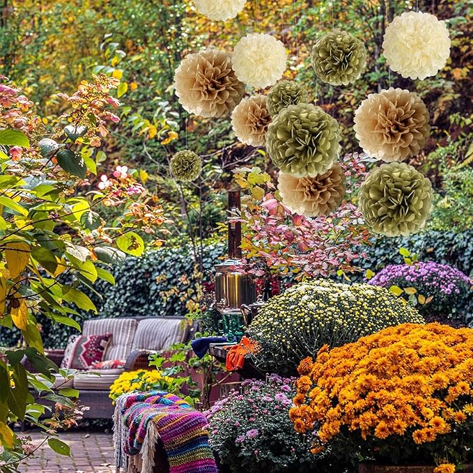 20 PCS Golden Tissue Paper Pom Poms, Tissue Pom Poms Flowers, Sizes of 6", 10", 12", 14" Hanging Paper Flower Ball for Wedding, Birthday, Halloween, Christmas, Baby Shower Party Decor