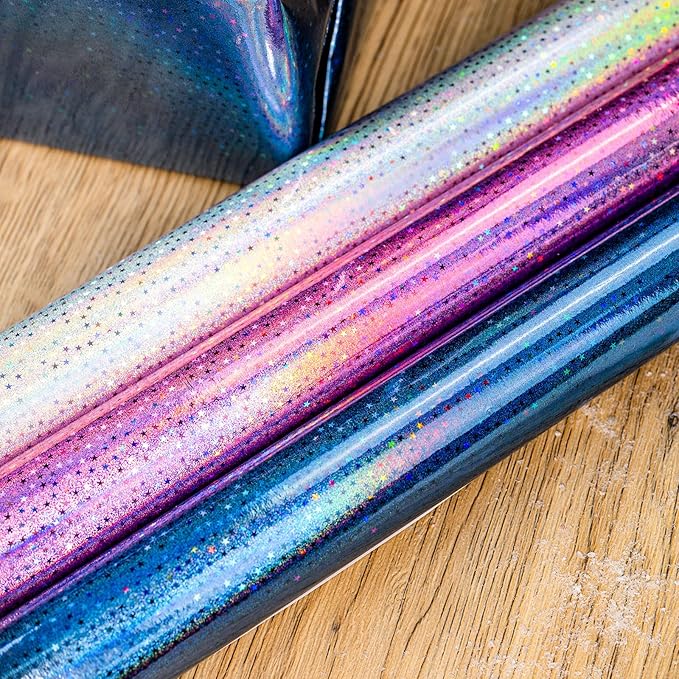 Burymento Mini Wrapping Paper Roll, Metallic Holographic Star Gift Wrap for Birthday, Valentines, Mothers day, Graduation, Wedding, Fathers day, Baby Shower, Christmas (17 Inch x 120 Inch - 3 Rolls)