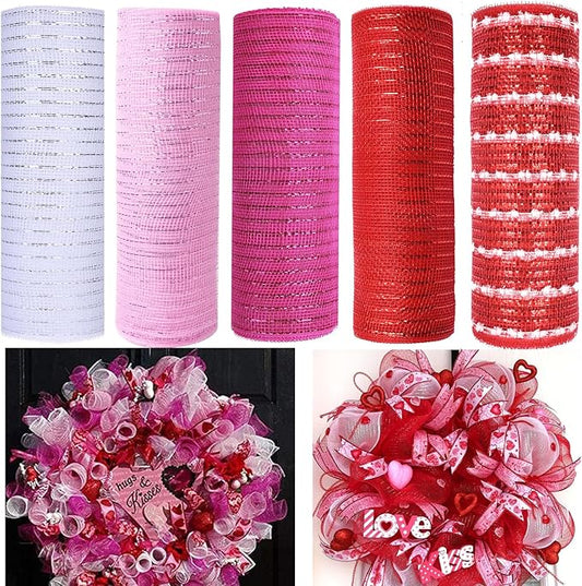 5 Rolls Valentine Day Mesh Ribbon for Wreath, 10 Inch x 30FT Per Roll Metallic Foil Deco Mesh Rolls White Light Pink Red Snowball Decorative Mesh for Valentine's Day Wedding Party Decor