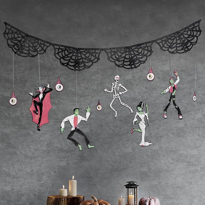 Cheerland Halloweens Garland Skeleton Garland Decoration Spooky Banner Spider Web Halloween Party Decorations Hanging Monster Bash Haunted Summerween Gothic Horror Birthday Skull Party Supplies