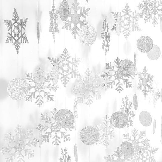 40 Feet Paper Snowflakes Garland Hanging White-Silver Glitter Christmas Snowflake Decoration Streamers for Winter Wonderland Decorations, Baby Shower New Year Ceiling Party Supplies