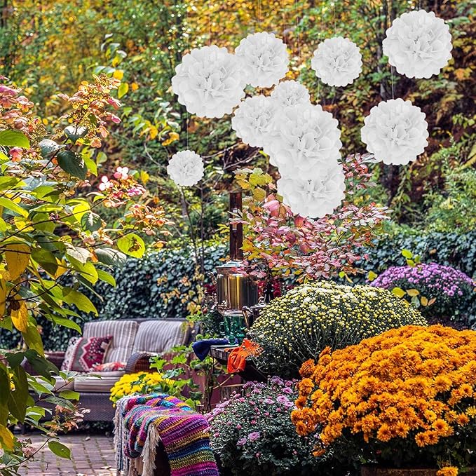 20 PCS White Tissue Paper Pom Poms, Tissue Pom Poms Flowers, Sizes of 6", 10", 12", 14" Hanging Paper Flower Ball for Wedding, Birthday, Halloween, Christmas, Baby Shower Party Decor