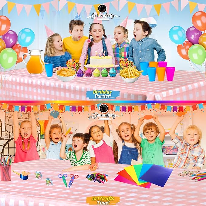 Grandipity Pink Gingham Checkered Plastic Table Cloth Disposable (6 Pk) 54in x 108in Plastic Tablecloths for Rectangle Tables - Premium Party Table Cloths Disposable for 6ft to 8ft Rectangle Tables