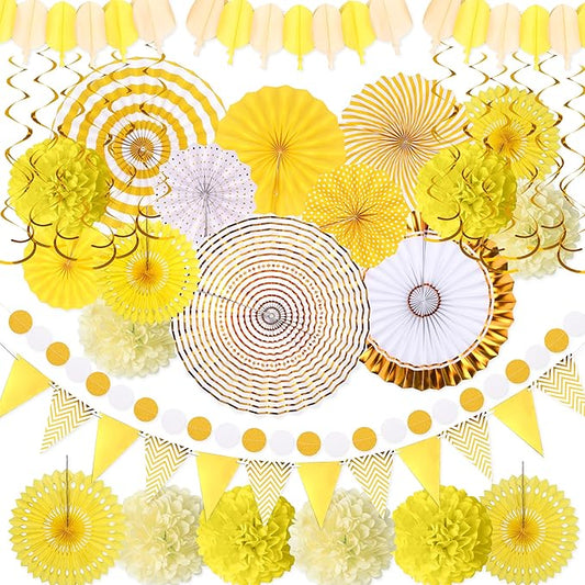 Moon Boat 35PCS Party Decorations Paper Fan Hanging Set - Birthday,Baby Shower,Lemon,Sunflower Theme Decor (Yellow)