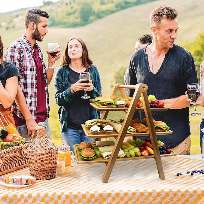 Acacia Wood 3 Tier Foldable Serving Tray – Rectangular Farmhouse Stand for Charcuterie Board, Cupcake, Dessert, Party Wedding Decor, Small Flower Pot Display, Easy Storage