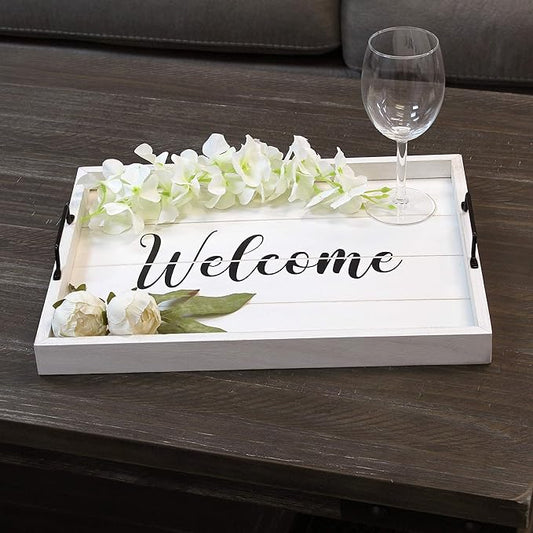 Elegant Designs HG2000-WWC Decorative Wood Serving Tray w/Handles, 15.50" x 12", Welcome (Pack of 10)
