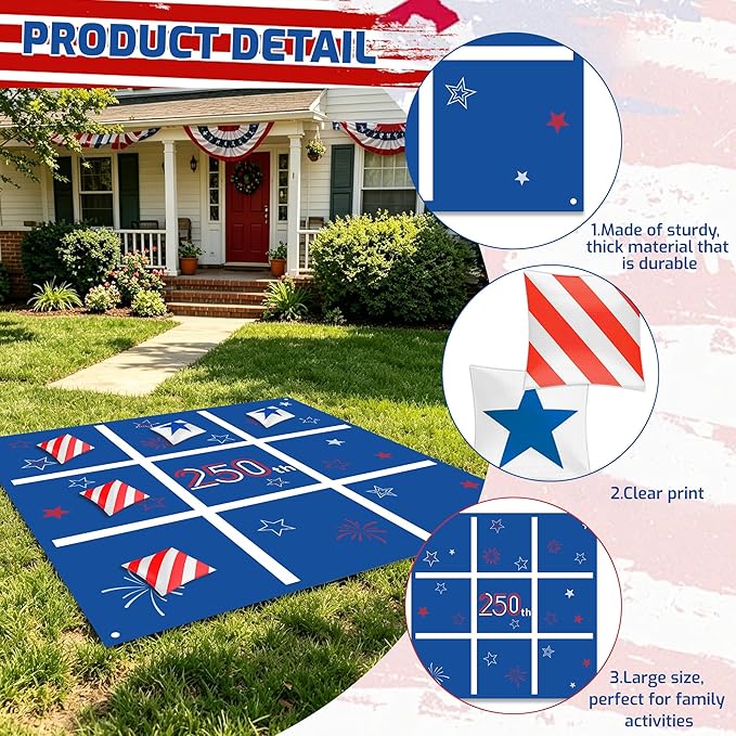 Independence Day Party Favors Tic Tac Toe Bean Bag Game,250th Anniversary Bean Bag Toss Across for Indoor Outdoor Yard Background Lawn Adults Family Night Activities 10 Bean Bags
