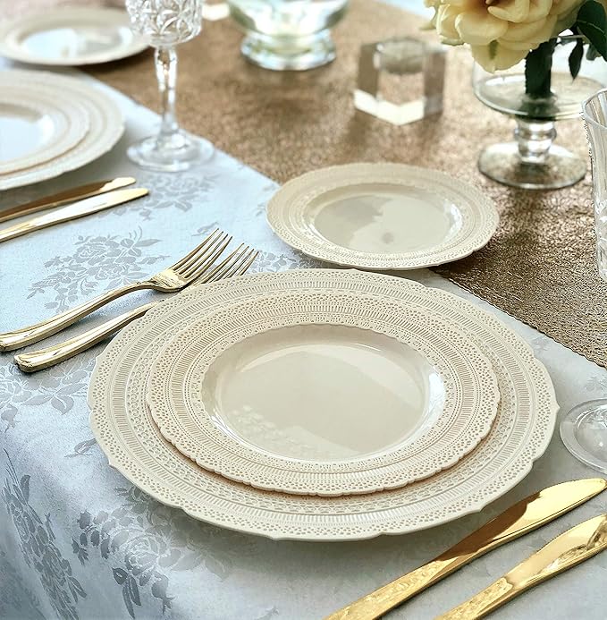 OCCASIONS 120 Guests Heavy Duty Disposable Plastic Plates Set ??11" Dinner & 8.25" Salad Plates, Premium Reusable Party Plates for Weddings, Events, Fancy Dinnerware ??Chateau Ivory