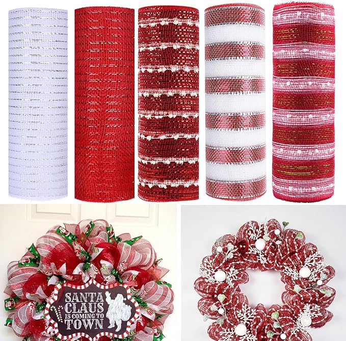 5 Rolls Christmas Mesh Ribbon for Wreath, 10 Inch x 30FT Per Roll Metallic Foil Deco Mesh Rolls Red White Ball Stripe Decorative Mesh for Christmas Tree Winter Holiday Wreath Party Decor