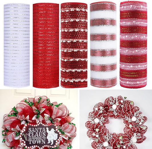 5 Rolls Christmas Mesh Ribbon for Wreath, 10 Inch x 30FT Per Roll Metallic Foil Deco Mesh Rolls Red White Ball Stripe Decorative Mesh for Christmas Tree Winter Holiday Wreath Party Decor