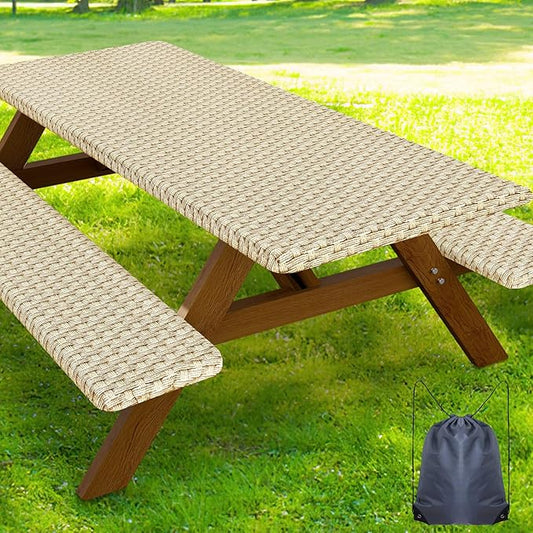 Smiry Picnic Table Cover with Bench Covers, Waterproof Elastic Fitted Tablecloth for 6 Foot Tables, Washable Polyester Tablecloths for Camping, Indoor & Outdoor (Champagne, 30x72 Inch 3-pc Set)