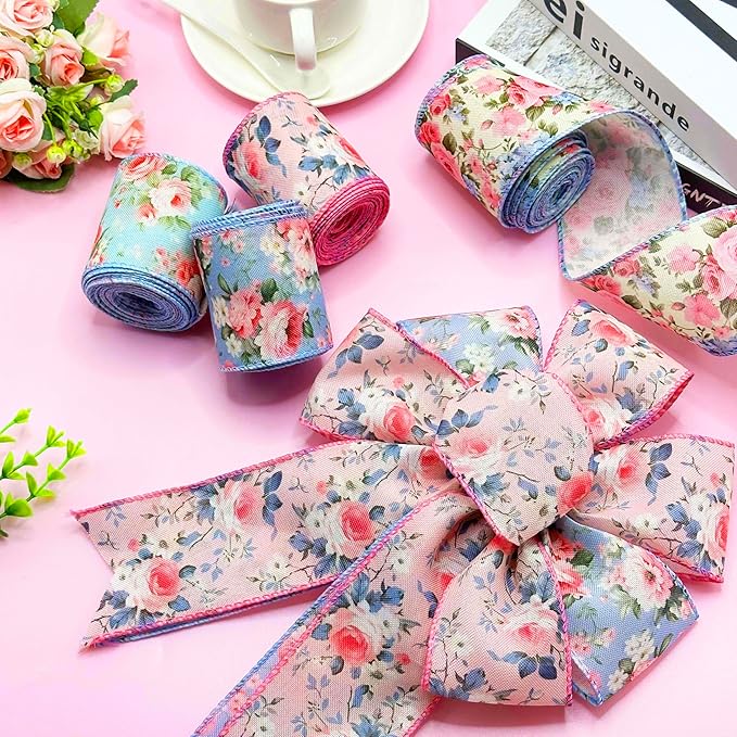 Spring Floral Wired Edge Ribbon, Watercolor Vintage Flower Ribbon with Pink Rose Design Ribbon for Wreath, Bow Making, DIY Crafts, Wrapping and Making Rose Petals,4 Rolls, 20 Yard (Pink-Blue)
