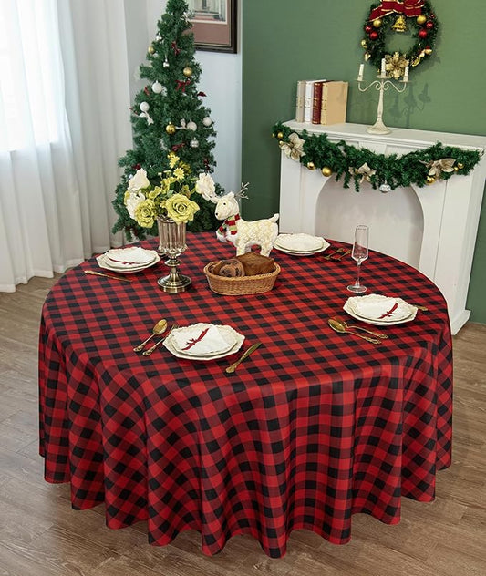 Waterproof Plaid Tablecloth Fabric - Round 108 Inch Classic Gingham Checker Table Cloth for Indoor/Outdoor Use - Buffalo Table Cover for Picnics, BBQs, and Parties