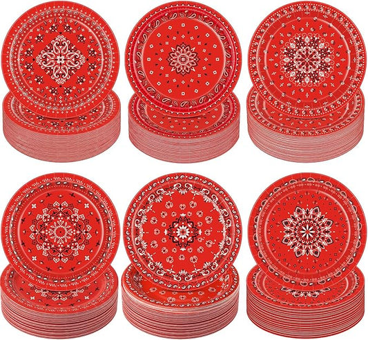 Funnymoom 60 Pcs 7 Inch Red Bandana Western Paper Plates Western Party Decorations Paisley Cowboy Cowgirl Farm Disposable Plate for Dessert Cake, Bandana Floral Rodeo Wild West Birthday Party Supplies