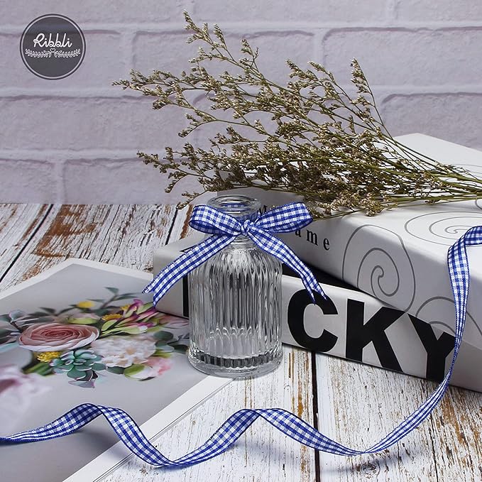 Ribbli Electric Blue and White Gingham Ribbon,100% Polyester Woven Edge,3/8 Inch x 10 Yard,Plaid Ribbon Use for Gift Wrapping,Party Decoration