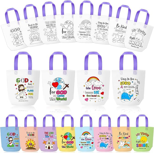 Cartoon Coloring Goodie Bags for Kids - 24Pcs Easter Religious Theme Bulk Color Your Own Gift Bags with Handle Christian Bible Reusable Non Woven Coloring Tote Packet for DIY Crafts Easter Party Favor