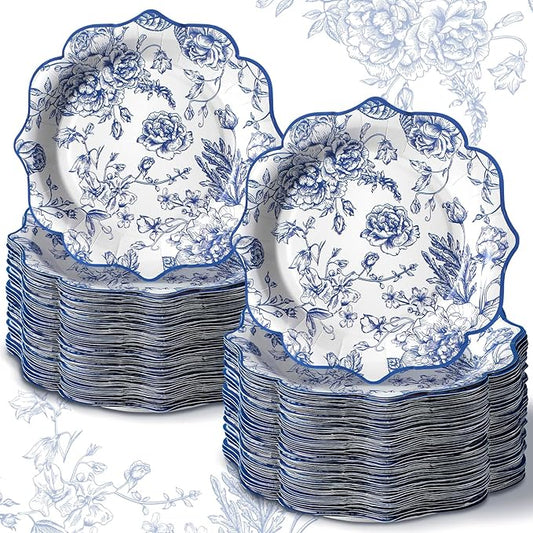 100 Pcs Chinoiserie Paper Plates Disposable Dessert Baby Bridal Shower Party Supplies Floral Dessert Plates Bulk Birthday Tea Party Serving Tray for Wedding Birthday