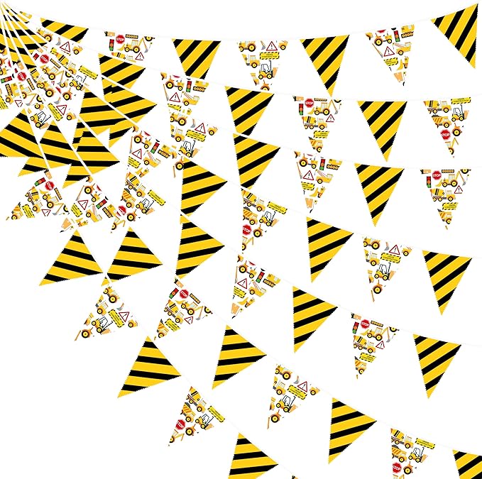 32Ft Construction Party Decorations Yellow Black Construction Themed Fabric Banner Triangle Pennant Flag Garland Streamers for Kids Dump Truck Birthday Excavator Tractor Baby Shower Decor Supplies